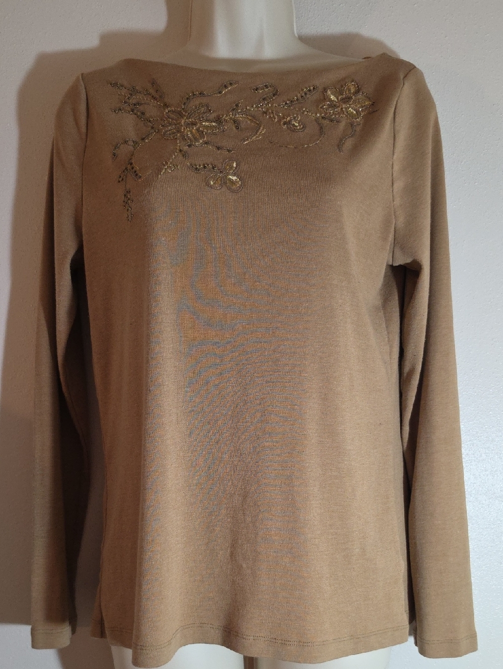 Ralph Lauren Beige Long-Sleeve Top with Floral Bead Embellishment